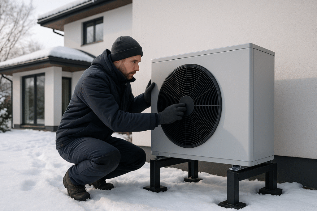 Instalator przy jednostce zewnętrznej pompy ciepła montowanej przy nowoczesnym domu