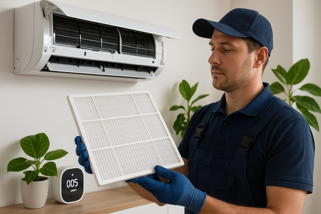 Serwisant wyjmuje filtr HEPA z klimatyzatora podczas przeglądu urządzenia