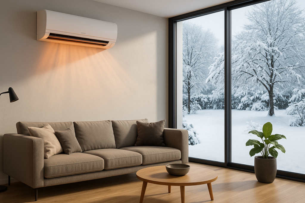 Klimatyzator ścienny ogrzewający salon zimą